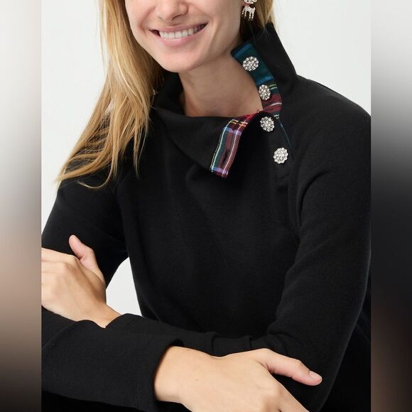 NWT J CREW Factory Tartan wide jeweled button-neck pullover sweatshirt in black - Picture 2 of 6